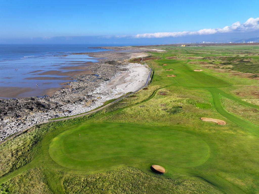 An aerial view of the golf course at Royal Porthcawl
